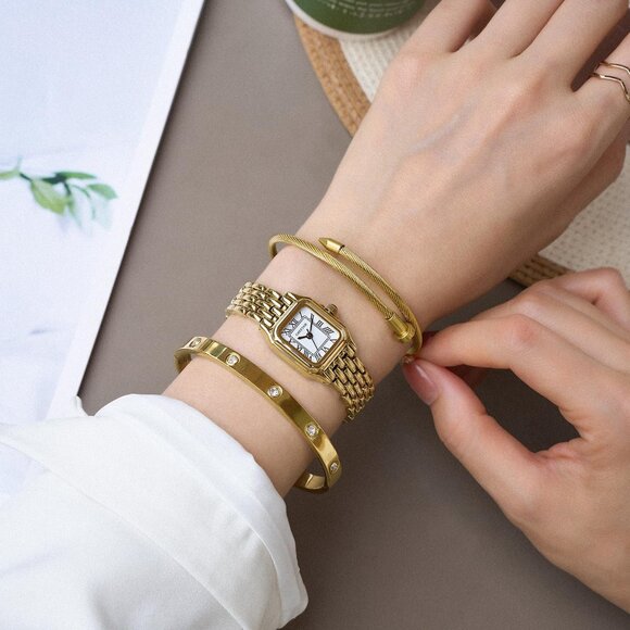 Women’s Gold Bangle Watch and Bracelet Set Elegant Timepieces Jewelry Gift - Picture 7 of 8